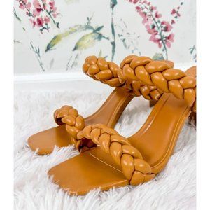 Braided Mule Heels Wide Square Toe Tan Camel Pumps Women's Brand New Dress Shoes